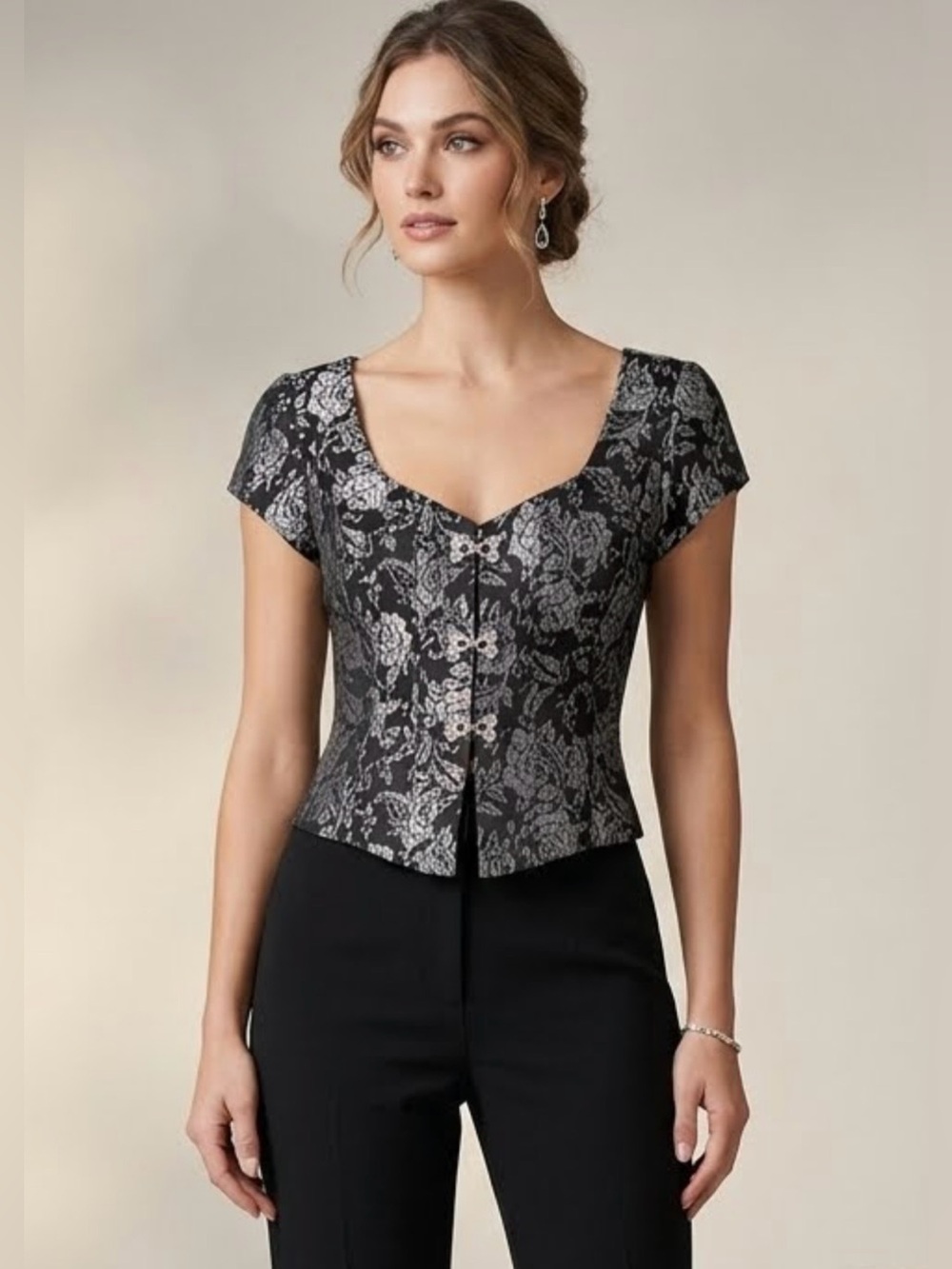 Vintage Hampton Nites Black and Silver Floral Brocade Cap Sleeve Corset Top